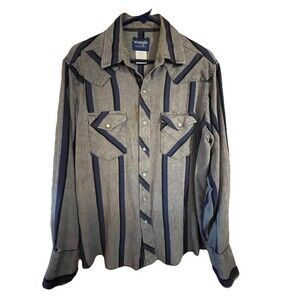 Wrangler Western Shirt Mens L Grey/Blue Long Sleeve Pearl Snap Aztec Rancher